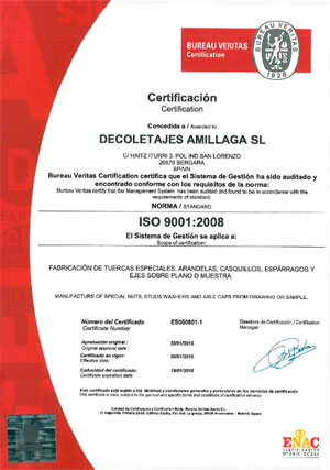 Certificado ISO 9001:2008 Decoletajes Amillaga, S.L.